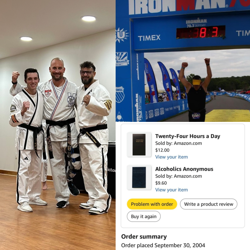 Kevin Oldham earning a black belt, finishing a Half Ironman, and his AA book order from 2004