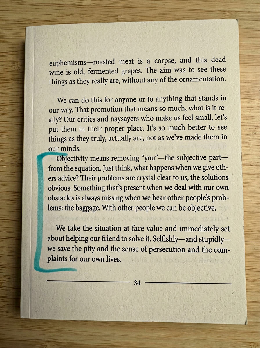 Page from The Obstacle Is the Way by Ryan Holiday on objectivity